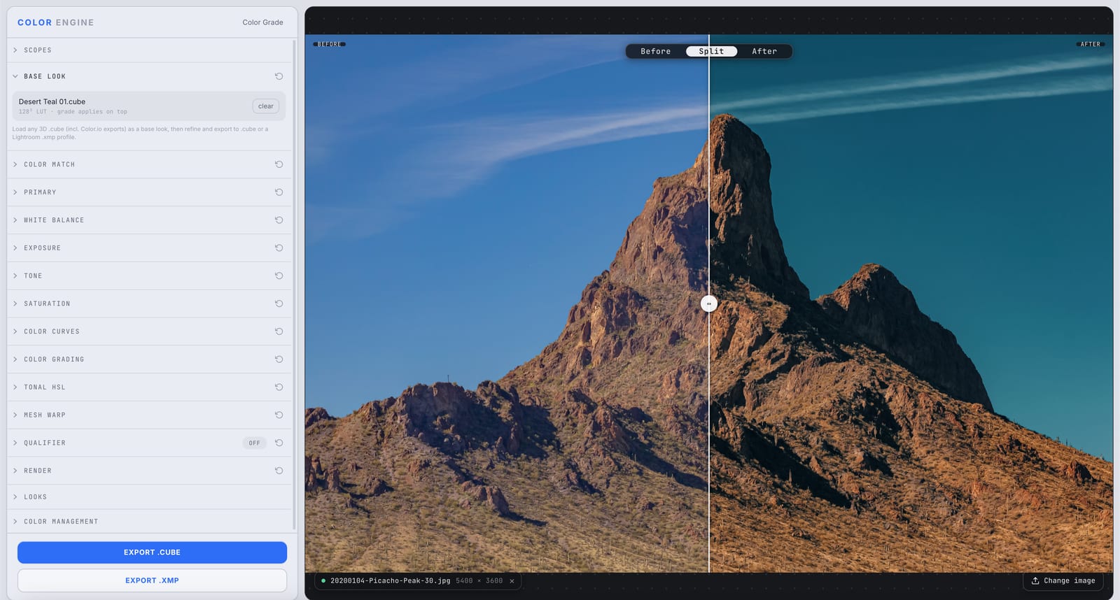 Color Engine's Base Look panel with a Desert Teal .cube LUT loaded as the foundation, shown as a before/after split on a desert mountain