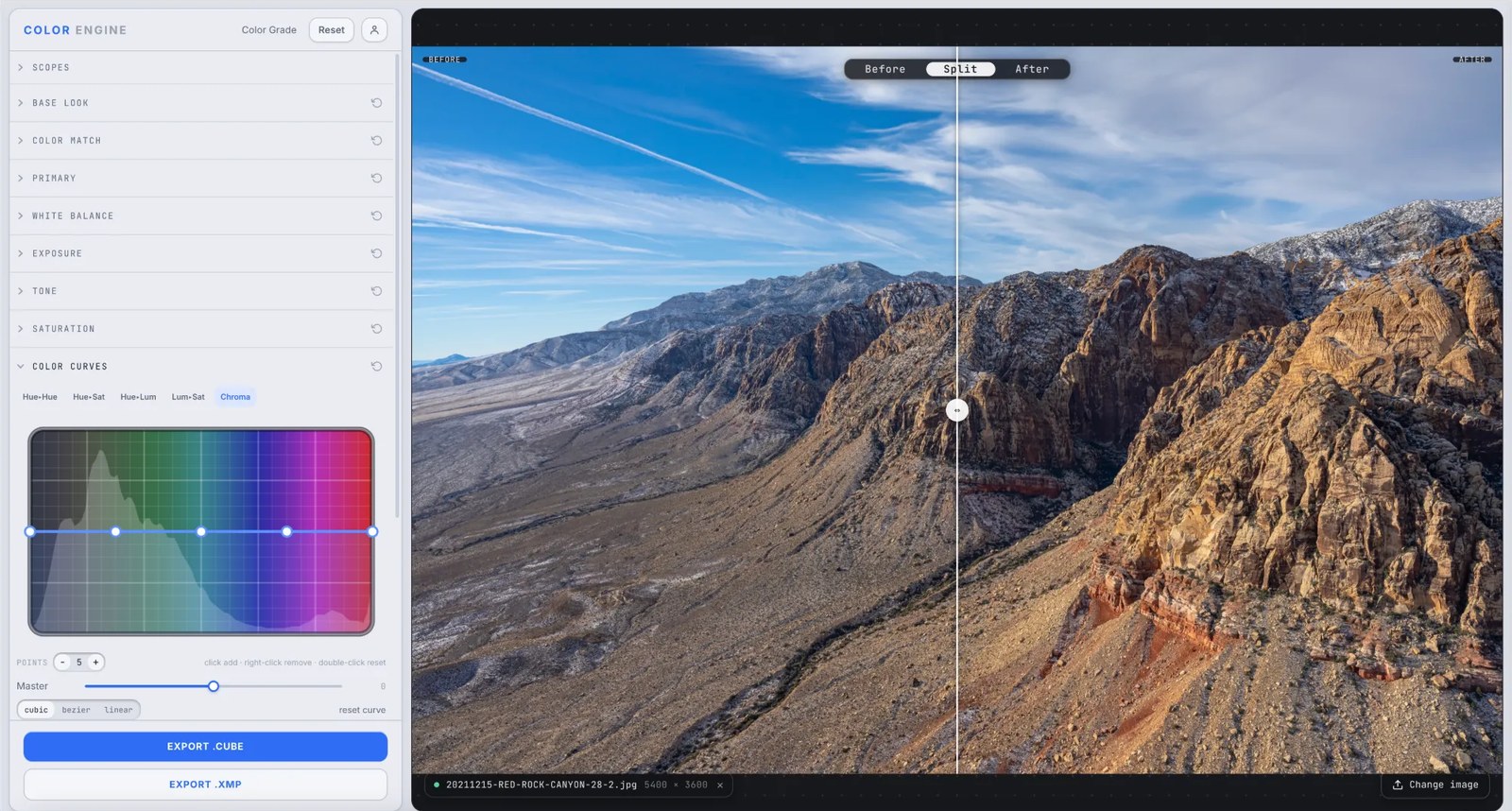 Color Engine's Color Curves panel on the Chroma curve over a hue and chroma gradient