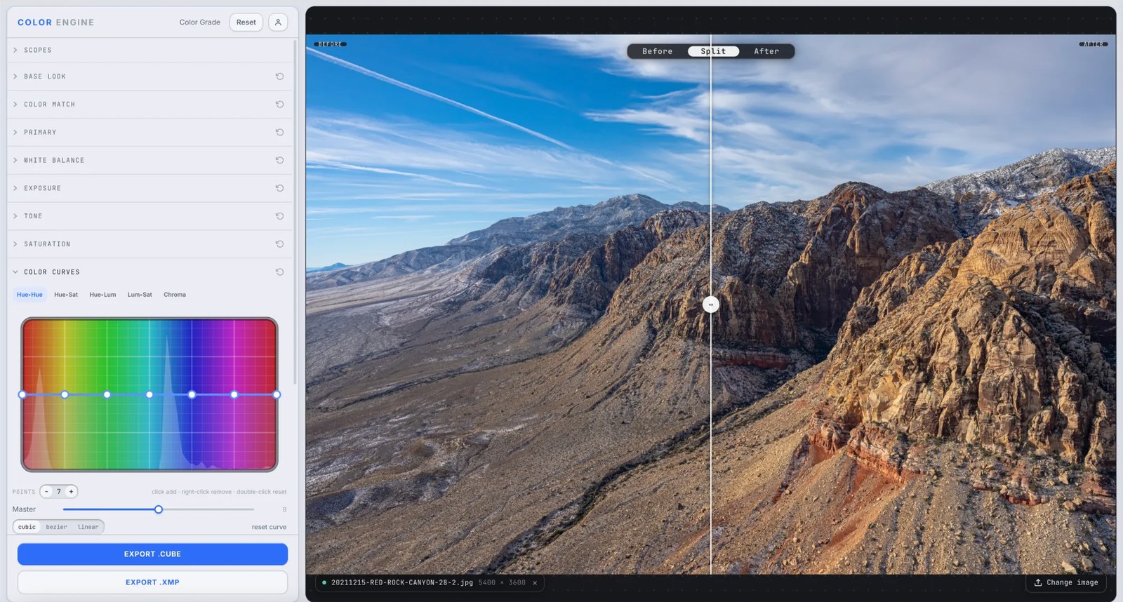 Color Engine's Color Curves panel on the Hue to Hue curve over a rainbow hue strip, over a red rock canyon photo