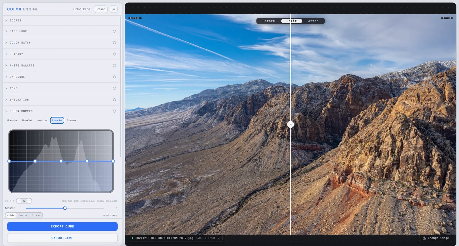 Color Engine's Color Curves panel on the Luminance to Saturation curve over a luma histogram