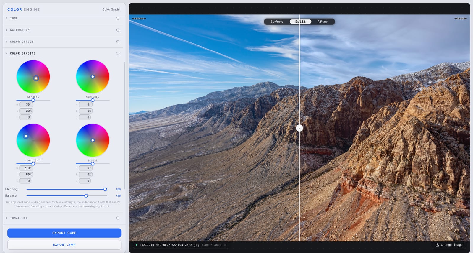 Color Engine's Color Grading panel with the shadows, midtones, highlights, and global wheels, shown as a before/after split on a desert canyon