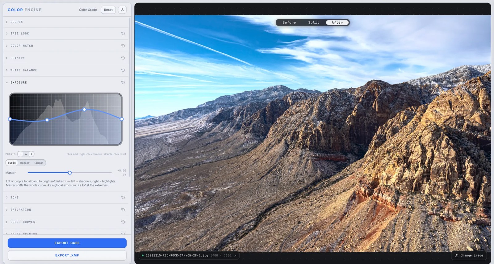 Color Engine's Exposure panel showing the tonal curve over a luminance histogram with a Master EV slider, over a red rock canyon photo