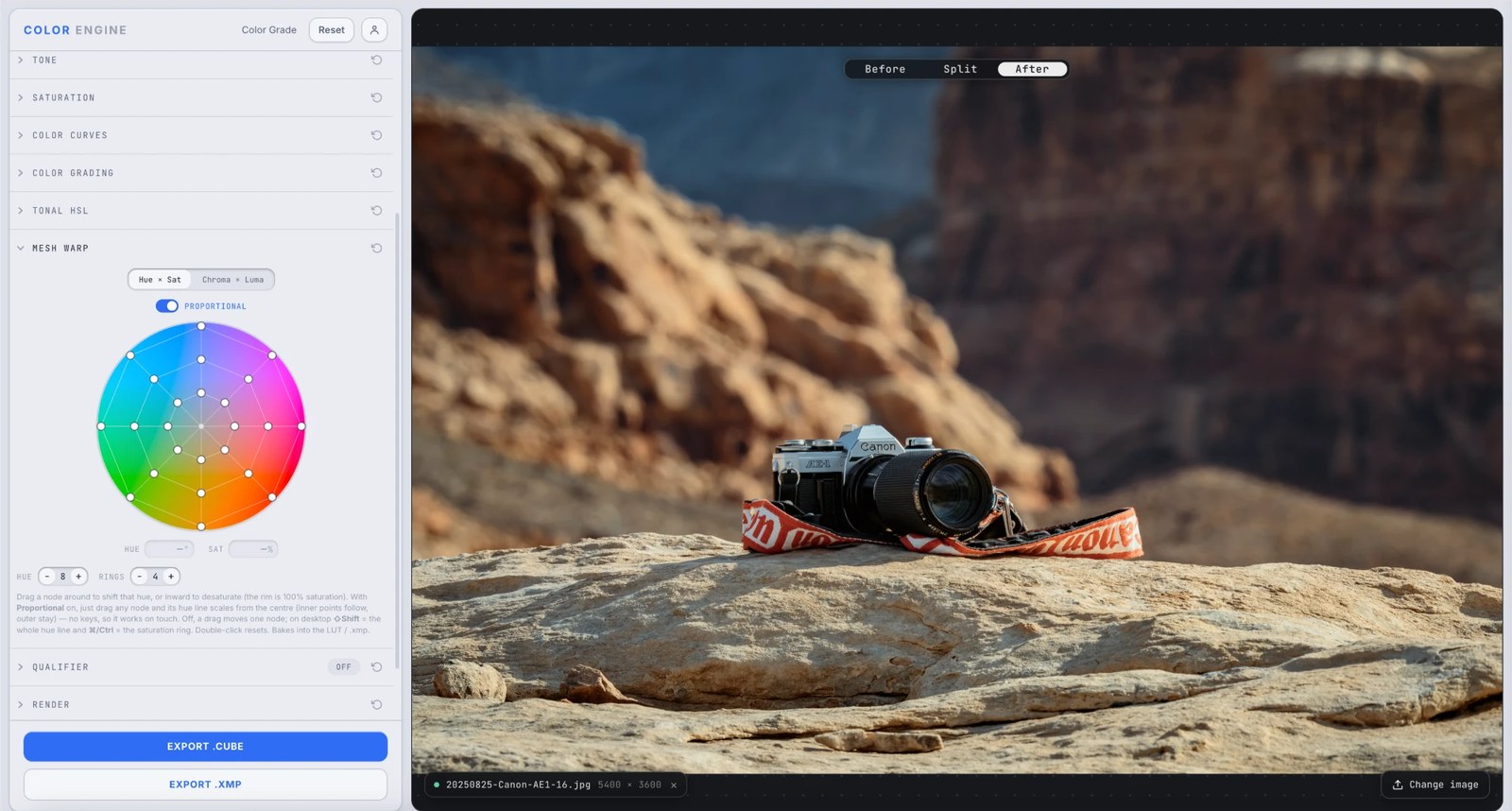Color Engine's Mesh Warp panel showing the hue/saturation color wheel with a draggable node mesh, over a desert canyon photo