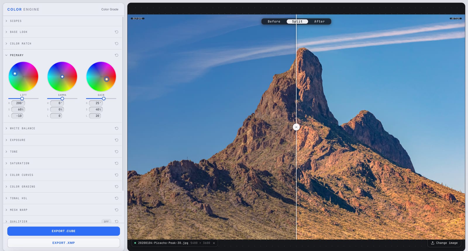 Color Engine's Primary panel with the Lift, Gamma, and Gain color wheels, shown as a before/after split on a desert mountain