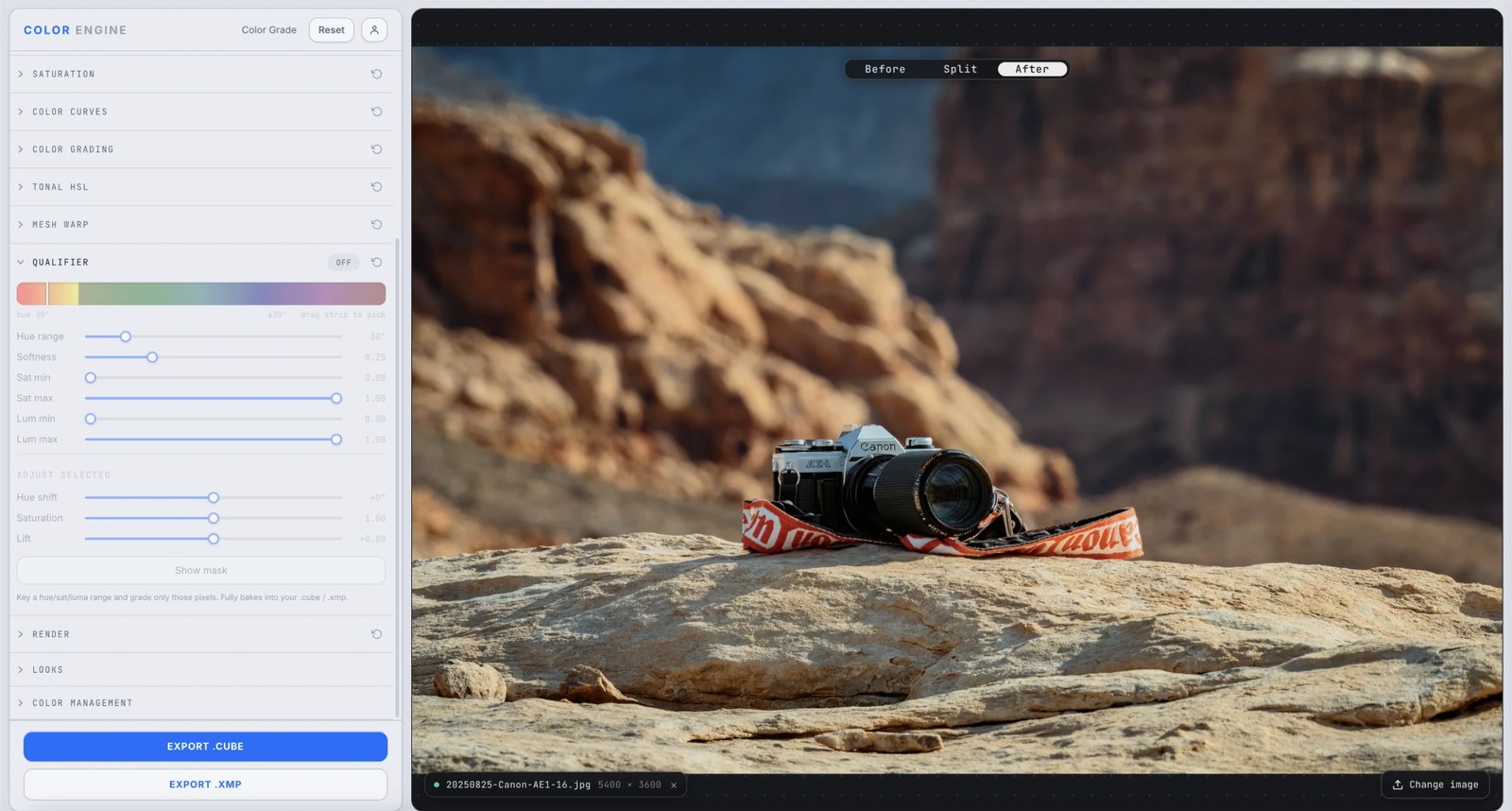Color Engine's Qualifier panel with the hue strip, saturation and luminance range sliders, and the Adjust Selected controls, over a desert canyon photo