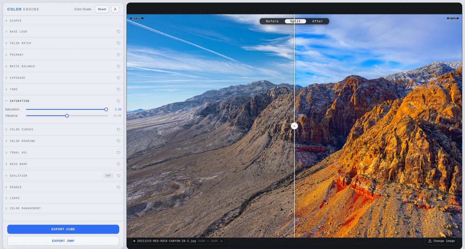 Color Engine's Saturation panel with Saturation and Vibrance sliders, shown as a before/after split on a red rock canyon photo
