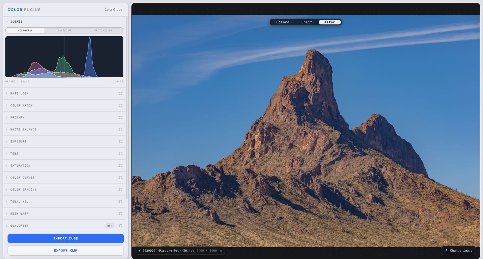 Color Engine's Scopes panel showing the RGB histogram of a graded desert mountain photo
