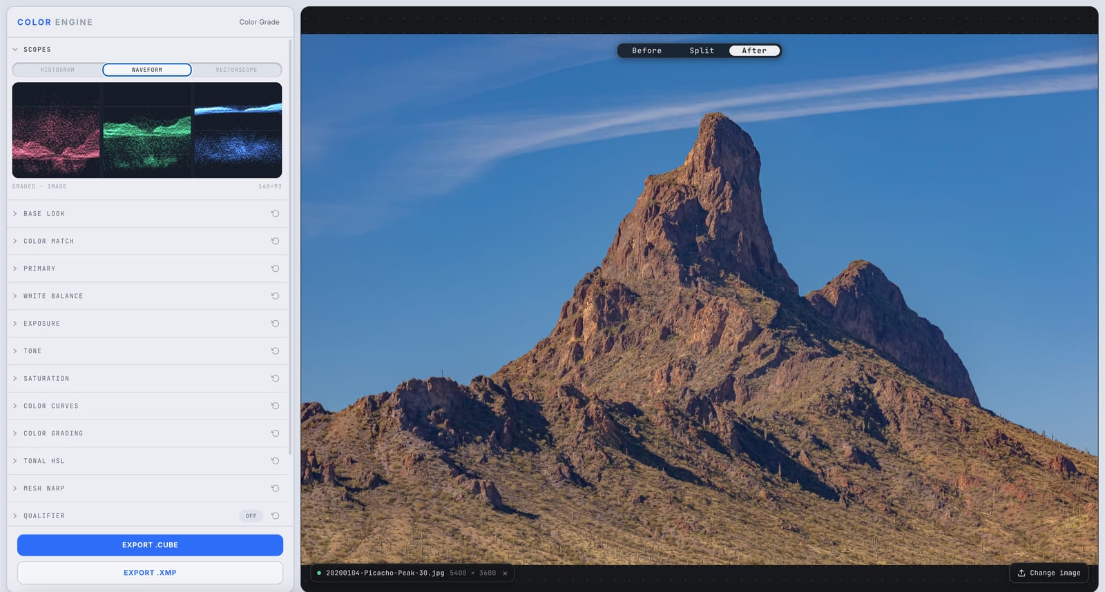 Color Engine's Scopes panel showing the RGB waveform parade of the same graded photo