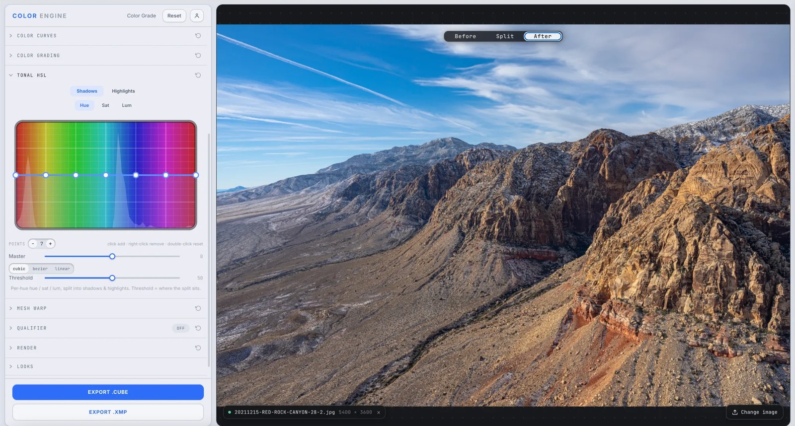 Color Engine's Tonal HSL panel showing a per-hue curve over a rainbow hue strip with Shadows/Highlights and Hue/Sat/Lum toggles and a Threshold slider, over a red rock canyon photo