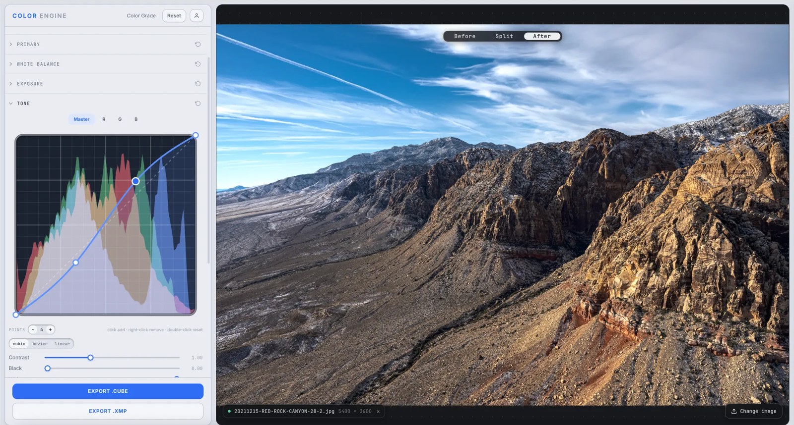 Color Engine's Tone panel showing the master tone curve over an RGB histogram with channel tabs and Contrast and Black sliders, over a red rock canyon photo