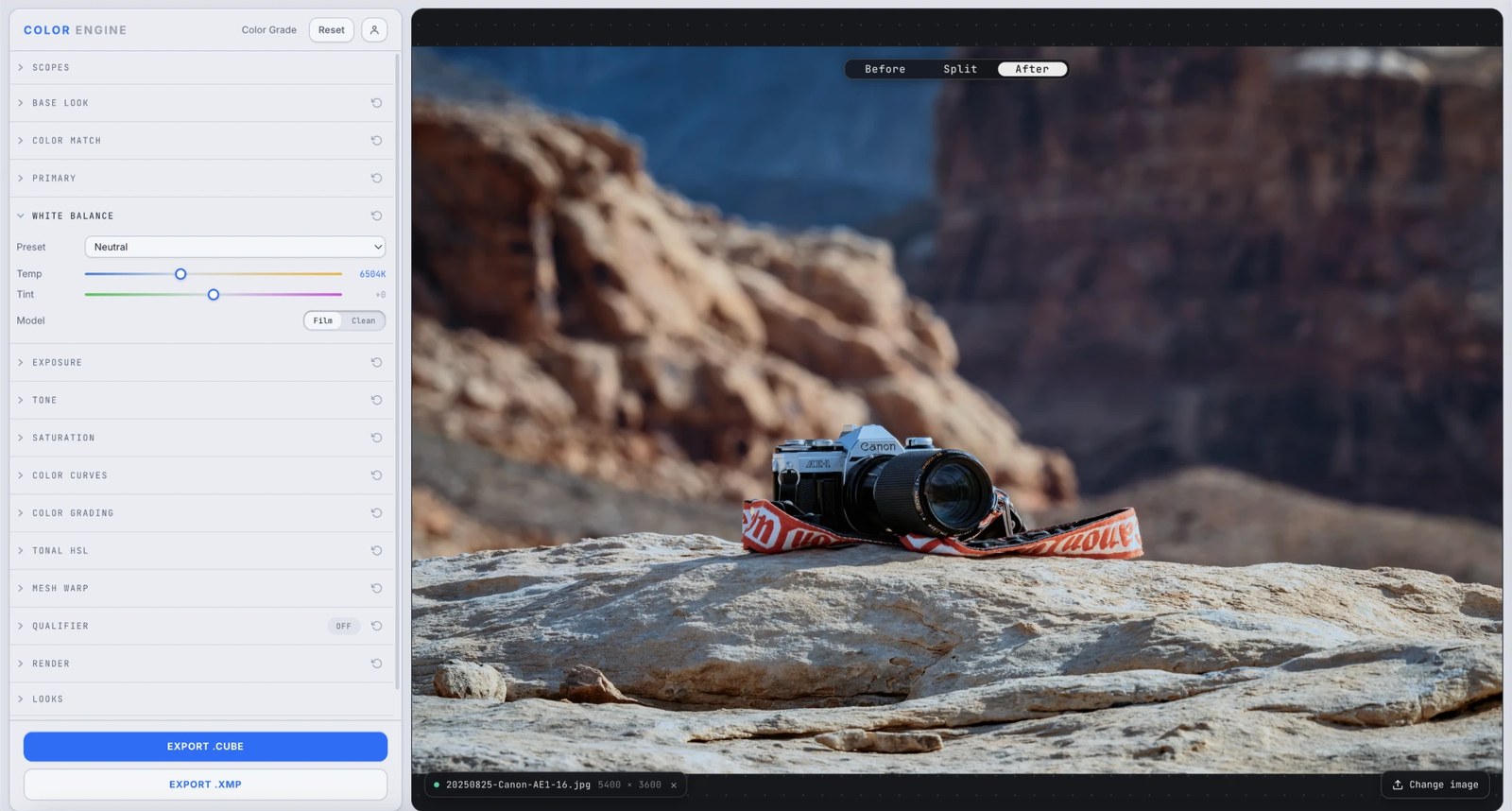 Color Engine's White Balance panel showing the Neutral preset at 6504K with Temperature, Tint, and the Film/Clean model toggle, over a desert canyon photo